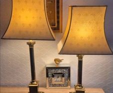 Pair of Vintage Brass Neoclassical Column Lamps with Pagoda Shades [1]