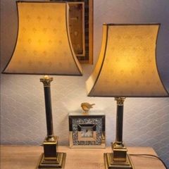 Pair of Vintage Brass Neoclassical Column Lamps with Pagoda Shades [1]