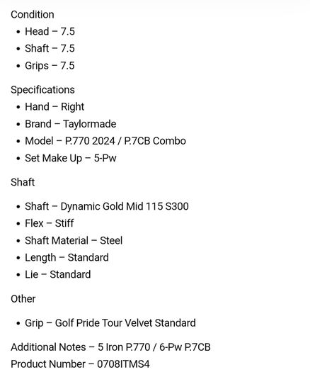 Taylormade P.770 2024 / P.7CB Combo Irons / 5-Pw / Dynamic Gold Mid 115 S300 Stiff