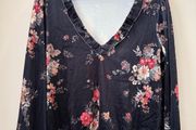 Beautiful Floral Navy V Neck Velveteen Top Size S!