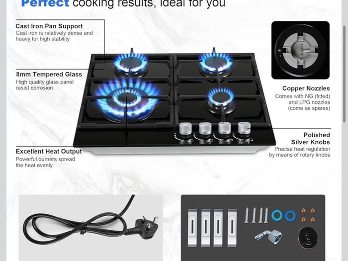 Gas Hob 4 Burners, 60cm Black Glass Gas Cooker Hob, 8060W Wok Burner, Built-in Cooktop with Flame Failure Protection, NG/LPG Convertible