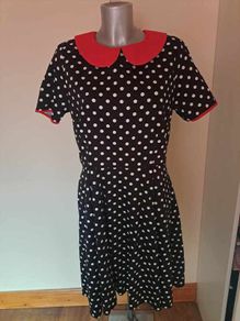 BNWT Lady Vintage Made in London ruby shawl black polka dot midi dress size UK16 EU44 Postage included