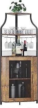 4-Tier Corner Bar Cabinet, Industrial Freestanding Wine Storage Sideboard with Doors and Glass Holders, Adjustable Shelf & Anti-Tipping Devices, for Home Bar, Kitchen, Living Room, Rustic Brown