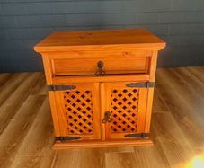 Pine Press / Cabinet with Top Drawer and Hinged Door Storage Area & Old Style Iron Strap Hinges & Pull Latches.         24" / 61cm High,