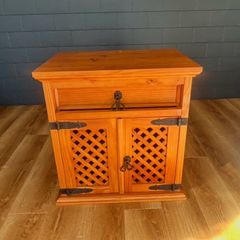 Pine Press / Cabinet with Top Drawer and Hinged Door Storage Area & Old Style Iron Strap Hinges & Pull Latches.         24" / 61cm High,