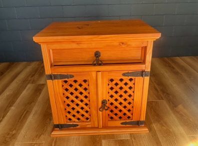 Pine Press / Cabinet with Top Drawer and Hinged Door Storage Area & Old Style Iron Strap Hinges & Pull Latches.         24" / 61cm High,