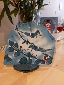 Blue Jay Pair - original painting on slate