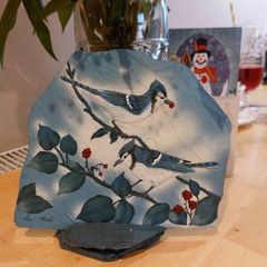 Blue Jay Pair - original painting on slate