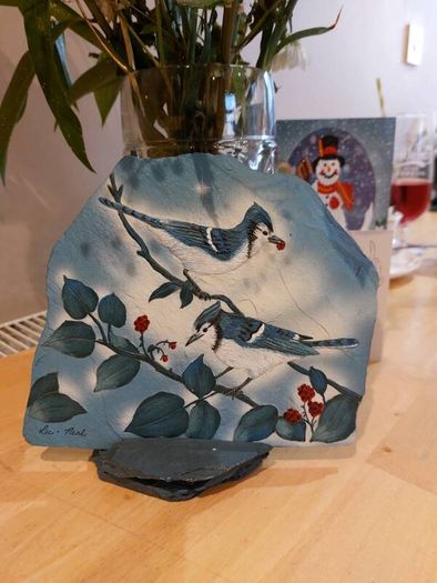 Blue Jay Pair - original painting on slate