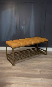 Mustard Eco-Leather Bench with Gold Metal Shoe Rack