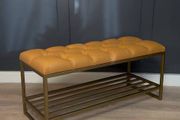 Mustard Eco-Leather Bench with Gold Metal Shoe Rack