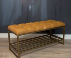 Mustard Eco-Leather Bench with Gold Metal Shoe Rack