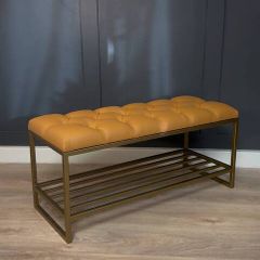 Mustard Eco-Leather Bench with Gold Metal Shoe Rack