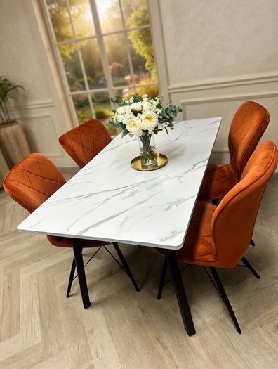 marble look dining table with chairs on special offer