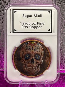 1avdp oz Fine 999 Copper Bullion Sugar Skull Round.