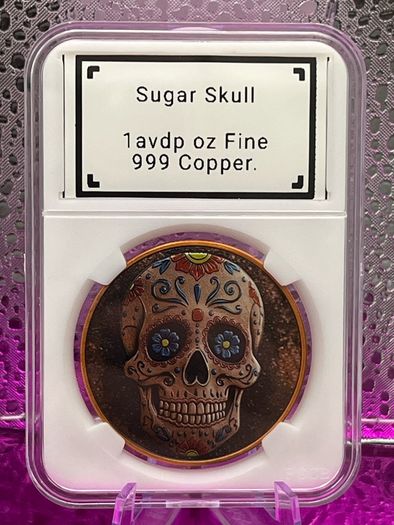 1avdp oz Fine 999 Copper Bullion Sugar Skull Round.