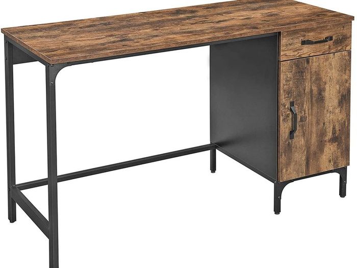Desk, Table, with Drawer and Storage Cupboard, for Office, Living Room, Bedroom, Simple Assembly, Metal, Industrial Style, Rustic Brown