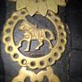 Set of Five Old Brass Horse Medallions on a black strap, a Commemorative 1911 King George V and Queen Mary design at the bottom, Postage Available Image 4