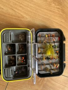 fishing flies box of around 80-90 flies river canal lake