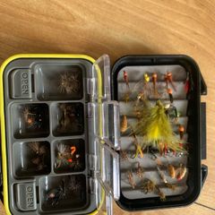 fishing flies box of around 80-90 flies river canal lake