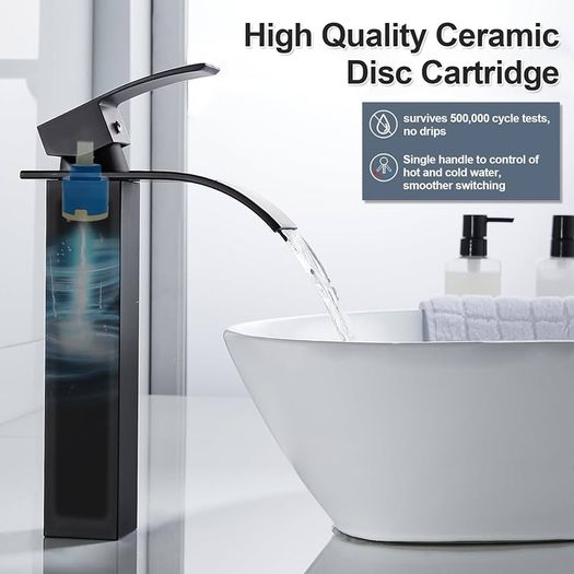 Waterfall High Rise Black Basin Mixer Taps, Square Monobloc Basin Tap, Single Handle Bathroom Sink Mixer Tap