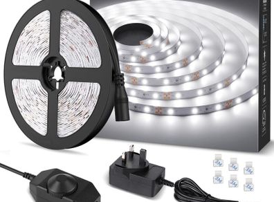 LED Strip Light White 5M 300 LEDs, 1650lm Dimmable Strip Lights for Kitchen, Cool White 6000K Daylight LED Strip for Under Units Cabinet Cupboards (12V Power Plug and Dimmer Switch Included)
