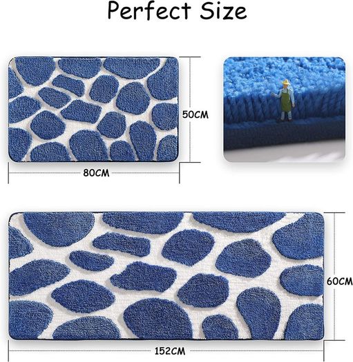 Microfibre Bath Mat 50x80 CM, Ultra Soft Bathroom Mat, Cobblestone Bath Mats for Bathroom, Living Room and Bedroom, Royal Blue & White