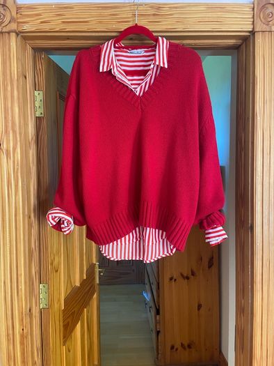 Zara Red Oversized V Neck Jumper  Size Large