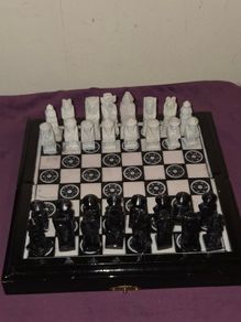 Vintage Wooden Chess Board with Carved Soapstone pieces