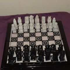 Vintage Wooden Chess Board with Carved Soapstone pieces