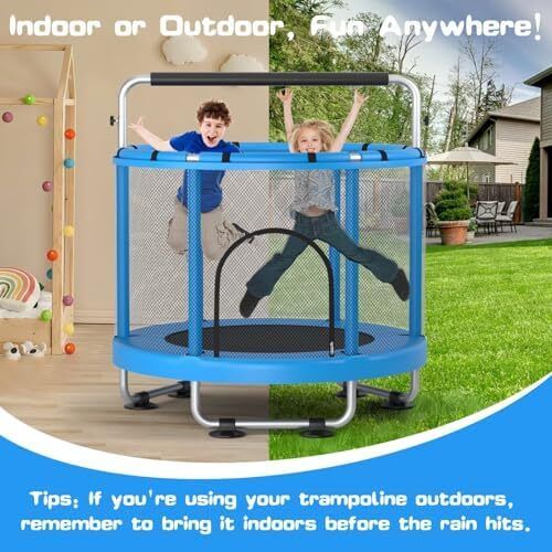 55 Trampoline for Kids with Enclosure Trampoline with Adjustable Gymnastics Bar & Toys