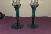 Vintage pair of Clear Glass Candle Holders with Aqua Green Twisted Stems