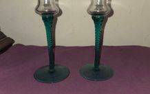Vintage pair of Clear Glass Candle Holders with Aqua Green Twisted Stems