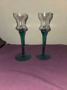 Vintage pair of Clear Glass Candle Holders with Aqua Green Twisted Stems