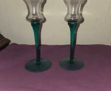 Vintage pair of Clear Glass Candle Holders with Aqua Green Twisted Stems