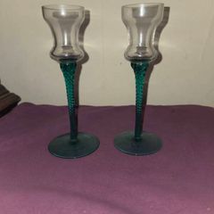 Vintage pair of Clear Glass Candle Holders with Aqua Green Twisted Stems