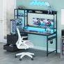 Gaming Desk with Drawers & Display Shelves, 120x48 cm Computer Desk with LED Lights & Sockets, Reversible PC Gaming Table with Monitor Stand, Carbon Fiber Black Image 8