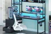 Gaming Desk with Drawers &amp; Display Shelves, 120x48 cm Computer Desk with LED Lights &amp; Sockets, Reversible PC Gaming Table with Monitor Stand, Carbon Fiber Black