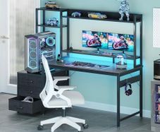 Gaming Desk with Drawers & Display Shelves, 120x48 cm Computer Desk with LED Lights & Sockets, Reversible PC Gaming Table with Monitor Stand, Carbon Fiber Black