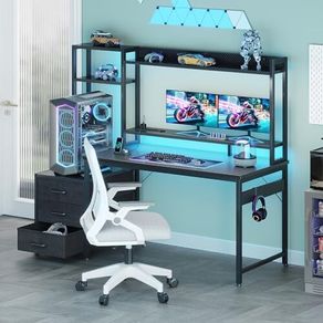 Gaming Desk with Drawers & Display Shelves, 120x48 cm Computer Desk with LED Lights & Sockets, Reversible PC Gaming Table with Monitor Stand, Carbon Fiber Black