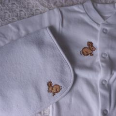 Sleepsuit & Bib Set - Baby Gift - Hand Stitched Motifs