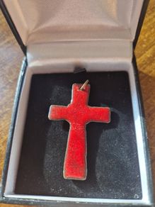 Vintage Red Glaze Ceramic Cross Pendant