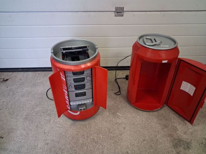 coca cola fridge and stereo
