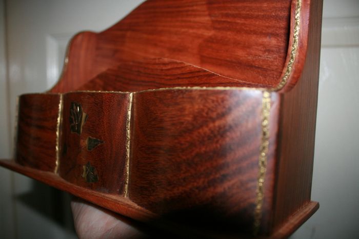 Vintage Letter Holder Handmade Wooden Paper Rack with Moorish Brass Inlays Office Desk Organiser 10,4" x 4" H-7"