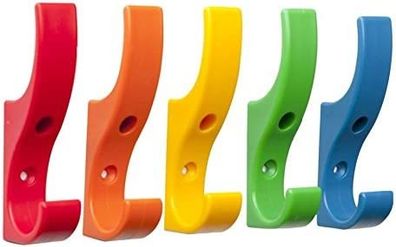 Unbreakable Durable Mini Plastic Safety Bag Hat & Coat Wall Mounted Hooks for Schools, Home and Work 5 Pack RAINBOW