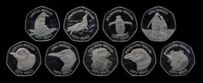 Falkland Islands Penguin 9 Coins 50 Pence 2 Sets UNC