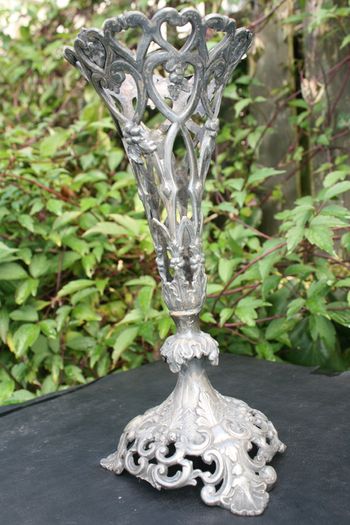 Vintage Art Nouveau Ornate Pierced Filigree Flower Vase Antique Silver Tone H-11"