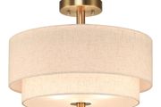 Lighting 40cm Linen Semi Flush Ceiling Light for Living Room, Brass  3-Light Dual Drum Chandelier, Fabric Linen Shade, E27, Modern Ceiling Lights for Bedroom Kitchen Entryway Hallway Dining Room