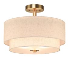 Lighting 40cm Linen Semi Flush Ceiling Light for Living Room, Brass  3-Light Dual Drum Chandelier, Fabric Linen Shade, E27, Modern Ceiling Lights for Bedroom Kitchen Entryway Hallway Dining Room
