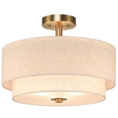 Lighting 40cm Linen Semi Flush Ceiling Light for Living Room, Brass  3-Light Dual Drum Chandelier, Fabric Linen Shade, E27, Modern Ceiling Lights for Bedroom Kitchen Entryway Hallway Dining Room